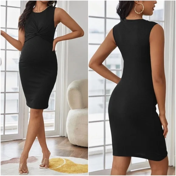 Maternity Ruched Sleeveless Ribbed Fitted Dress - Picture 2 of 7